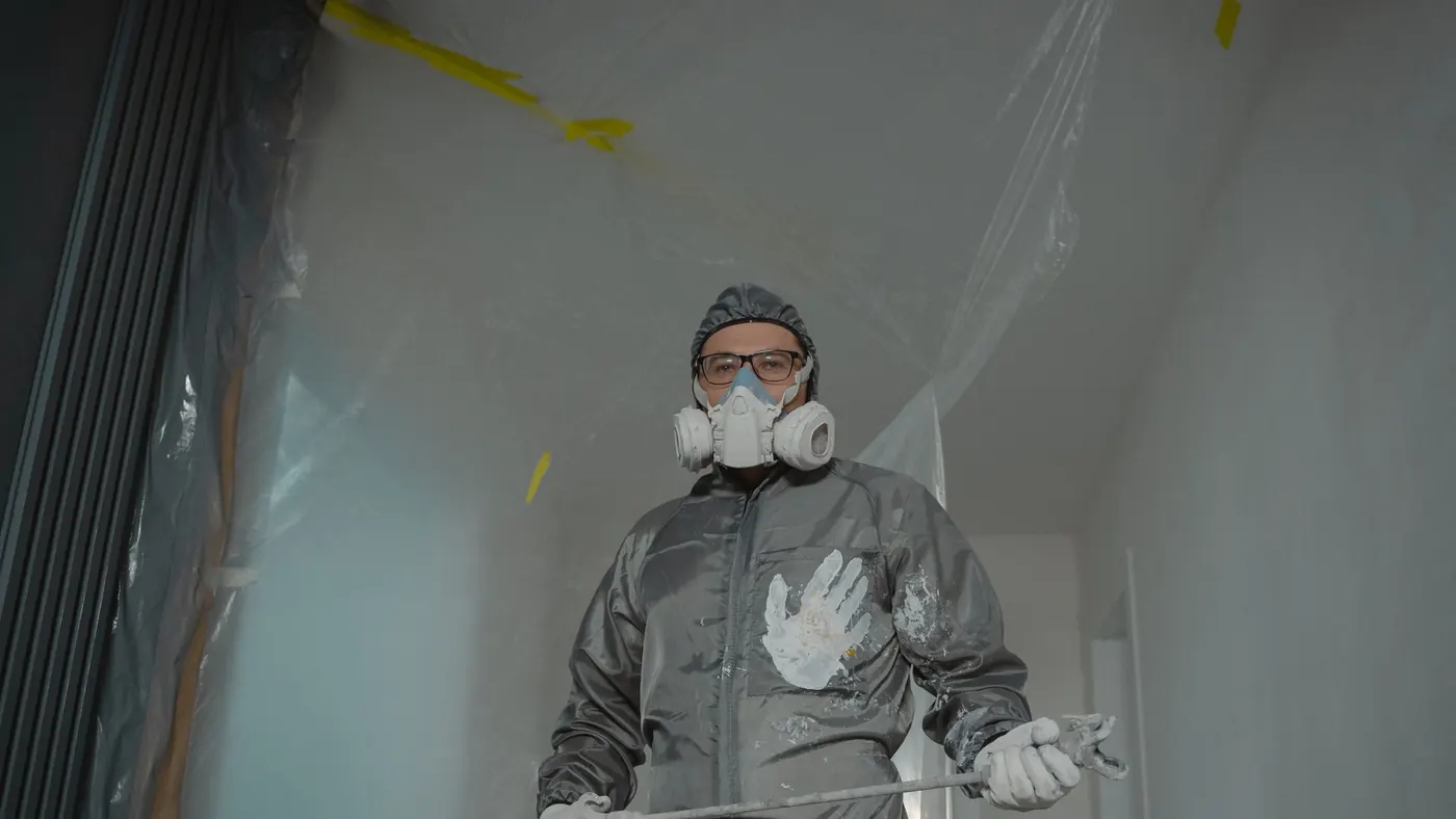 Sprayer in a full suit and respirator inside a fully sheeted room